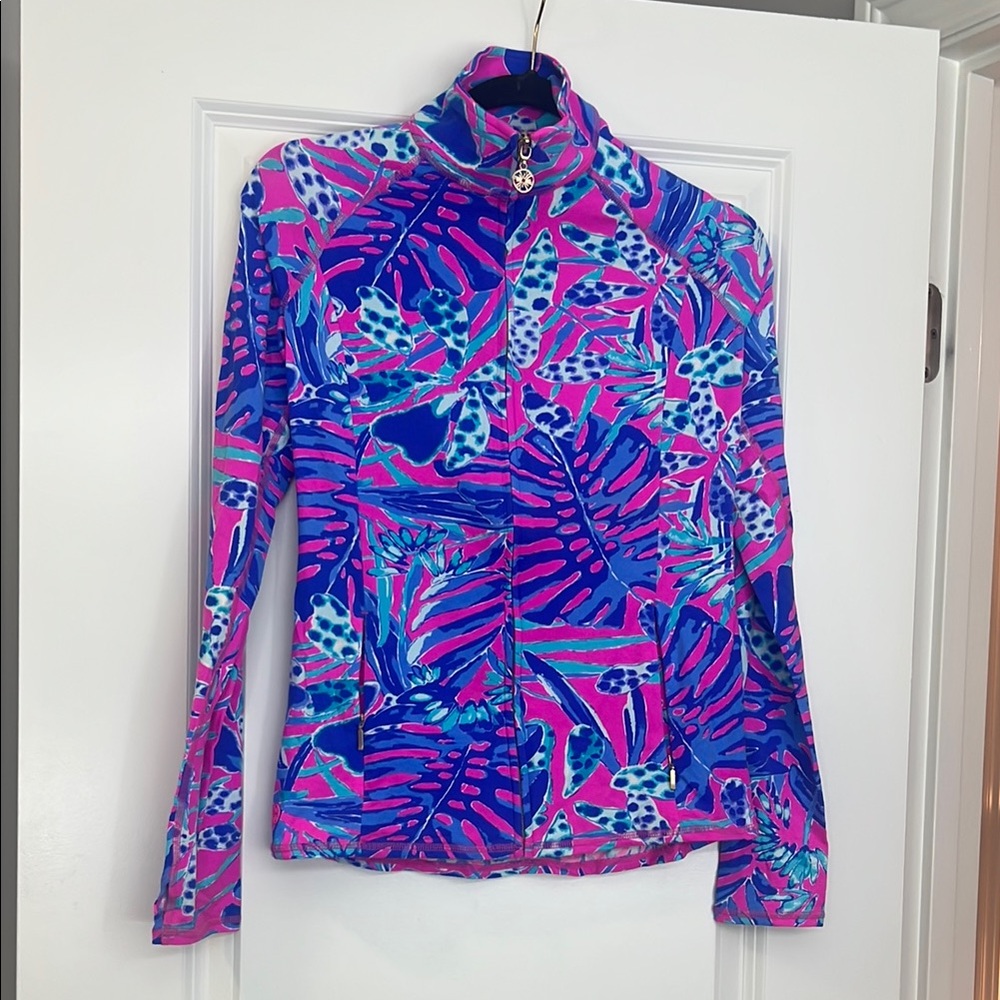 Lilly Pulitzer Luxletic Serena Jacket Pink Blue Palm Floral Print